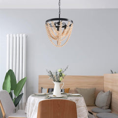 Hanging 3-lights Ceiling Fixture Pendant Light with Metal and Wood Beads
