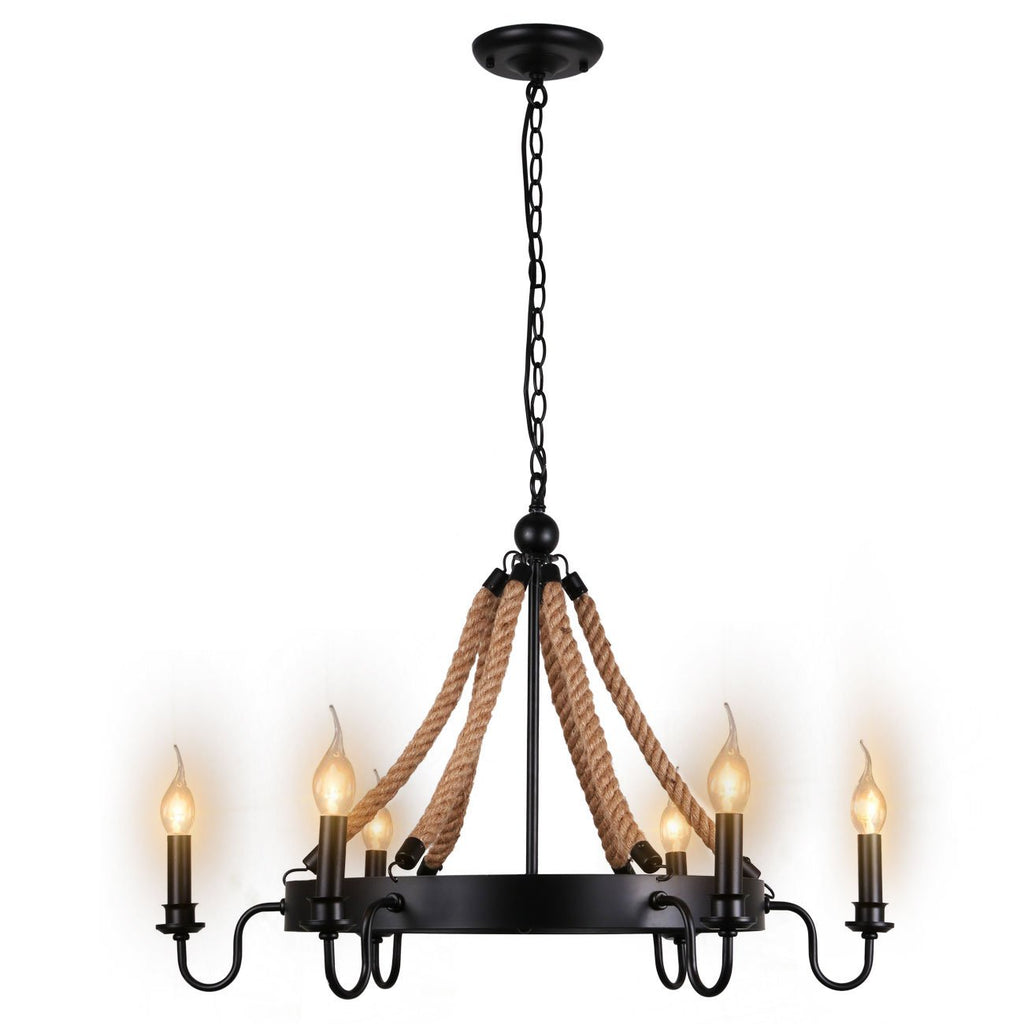 Unitary Brand Antique Metal Flaxen and Black Hemp Rope Wheel Candle Chandelier with 6 E12 Bulb Sockets 240W Painted Finish