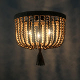 Antique 3-lights  Flush Mount Ceiling Light in Black Metal and Brown Wood Beads