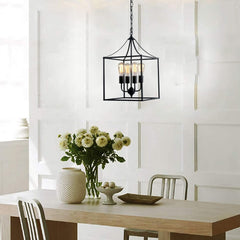 Hanging 4-lights Ceiling Pendant Light in  Black Metal Lantern