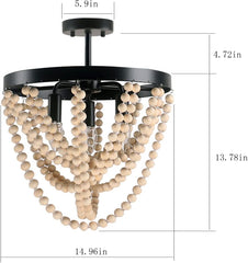 Antique 3-lights Semi Flush Mount Rustic Ceiling Light in Black Metal and White Wood Beads