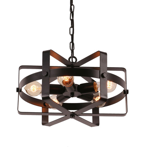 Unitary Brand Antique Black Metal Drum Shape Round Pendant Light with 5 E26 Bulb Sockets 200W Painted Finish