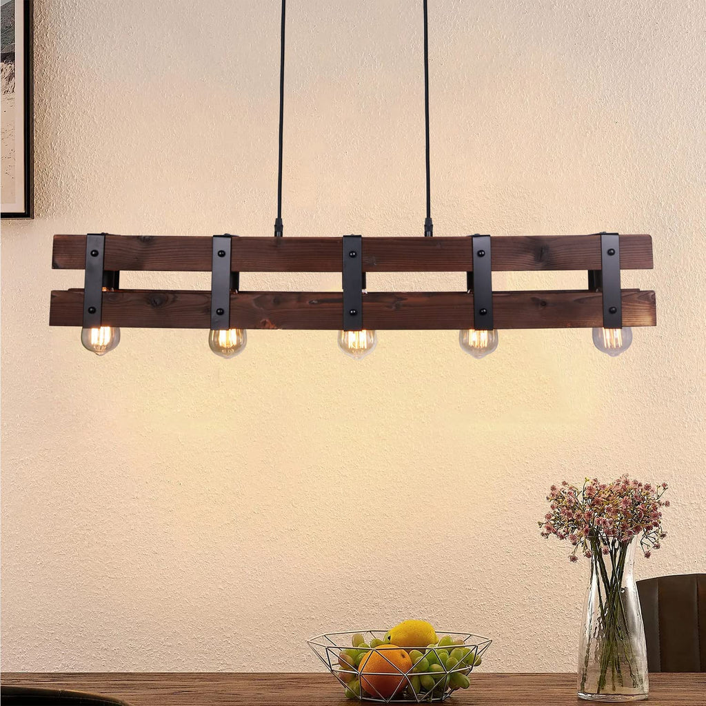 Rustic 5 Lights with Black Metal and Wood Beam Pendant Lights