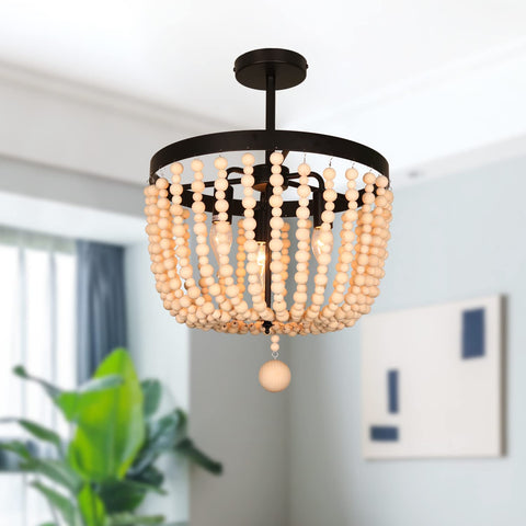 Black 3-Light Metal Wood Beads Hallway Ceiling Light