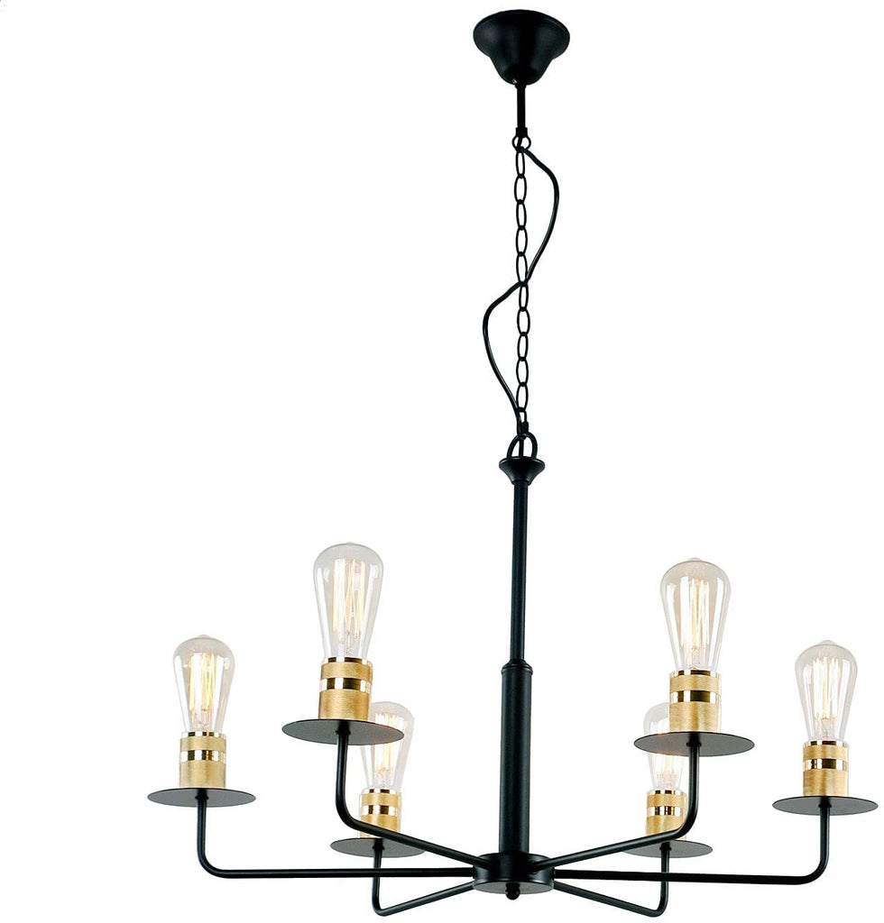 Vintage 6-Lights Black Metal and Brass Bulb Socket Farmhouse Chandelier Light