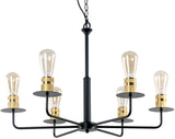 Vintage 6-Lights Black Metal and Brass Bulb Socket Farmhouse Chandelier Light