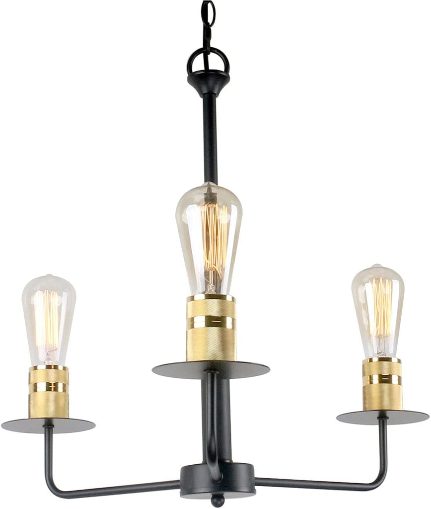 Vintage 3-Lights Black Metal and Brass Bulb Socket Farmhouse Chandelier Light