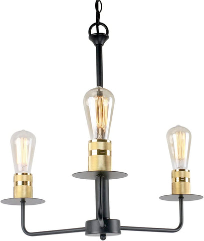 Vintage 3-Lights Black Metal and Brass Bulb Socket Farmhouse Chandelier Light