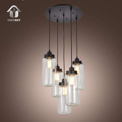 UNITARY BRAND Vintage Glass Mason Jar Pendant Light Max 300W With 5 Lights Painted Finish - unitarylighting