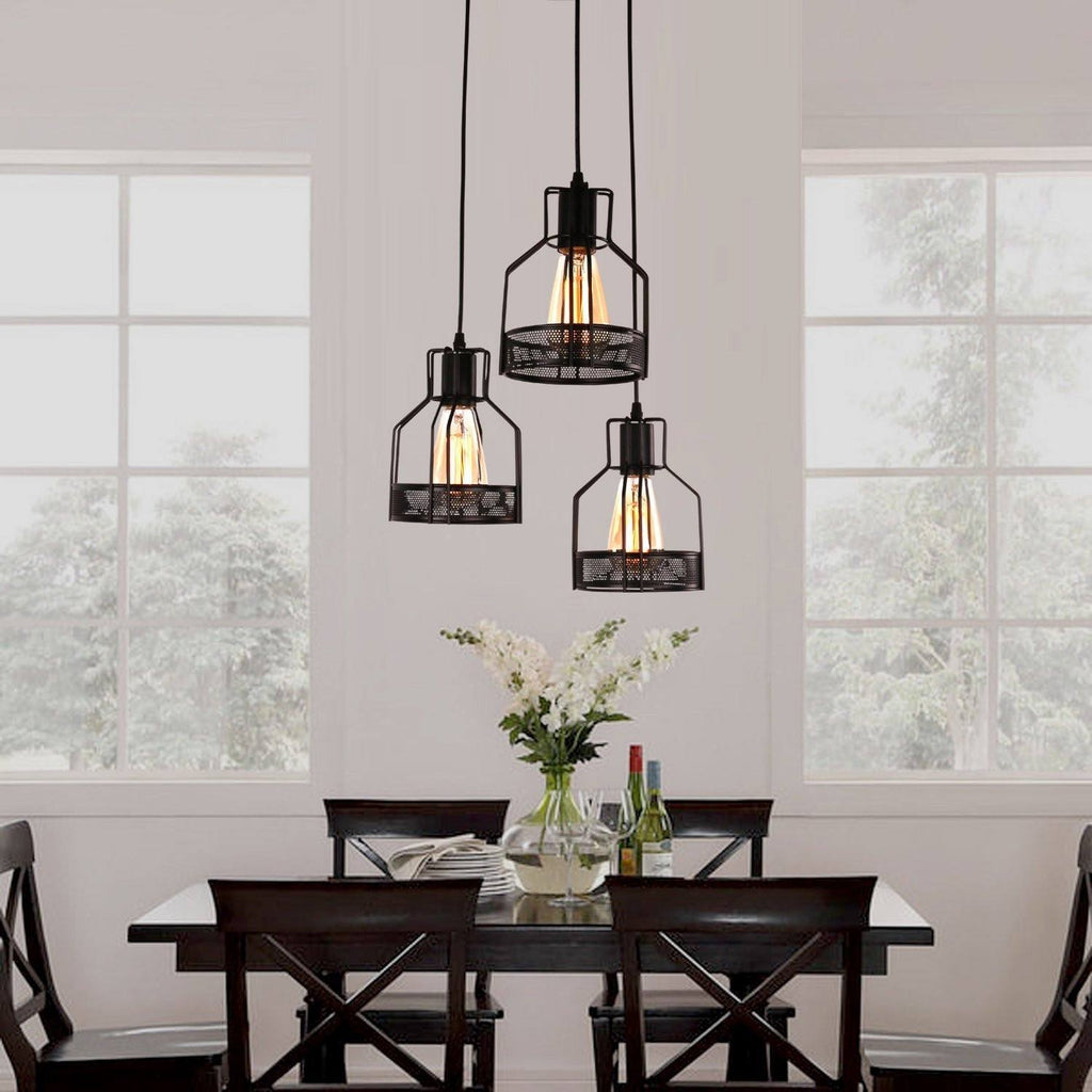 Rustic Black Metal Cage Dining Room Pendant Light with 3 Lights - unitarylighting