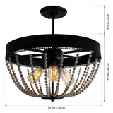 Unitary Brand Rustic Black Metal and Wood Bead Decoration Semi Flush Mount Ceiling Light with 3 E26 Bulb Sockets 120W Painted Finish