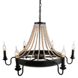 Unitary Brand Antique Black Metal and Wood Beads Decoration Wheel Candle Chandelier with 6 E12 Bulb Sockets 240W Painted Finish