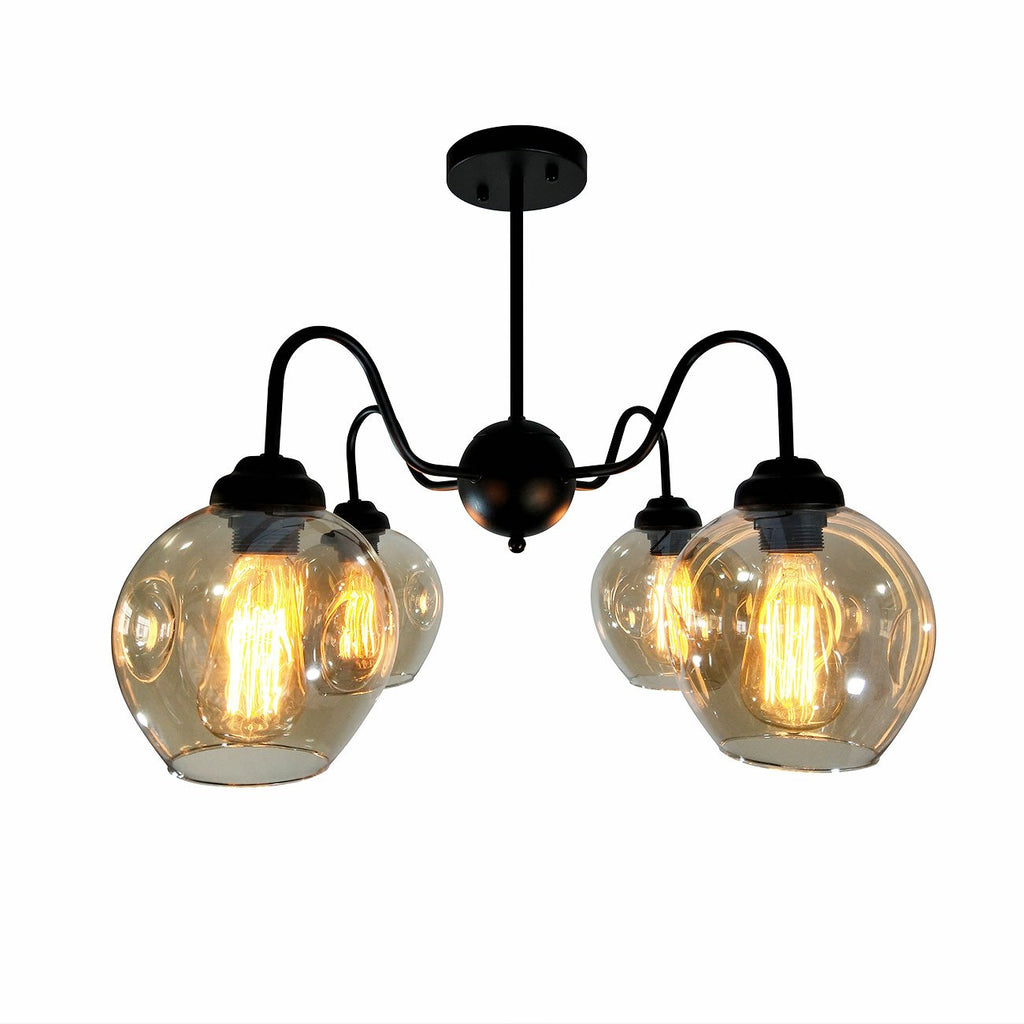 Unitary Brand Antique Black Metal and Glass Shade Semi Flush Mount Ceiling Light with 4 E26 Bulb Sockets 240W Painted Finish