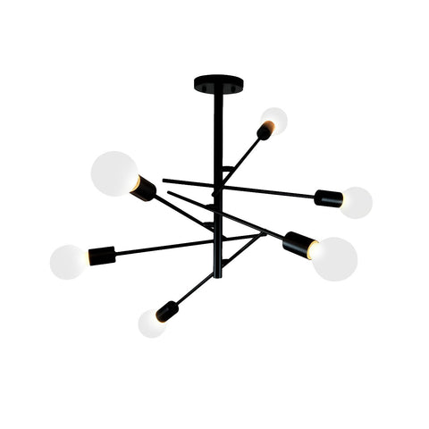 Unitary Brand Modern Black Metal Sputnik Design Semi Flush Mount Ceiling Light with 6 E26 Bulb Sockets 360W Painted Finish