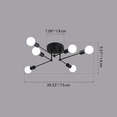 Unitary Brand Art Deco Black Metal Sputnik Design Semi Flush Mount Ceiling Light with 6 E26 Bulb Sockets 360W Painted Finish