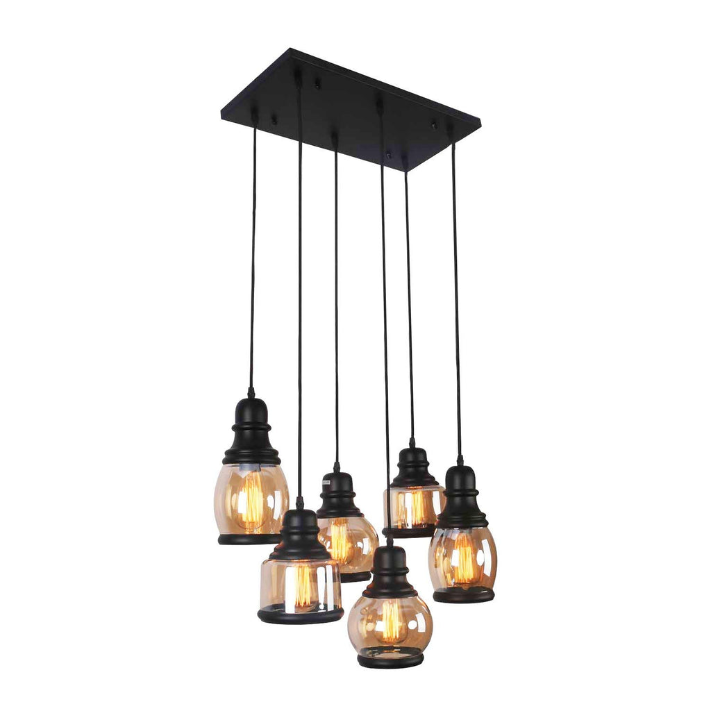 Unitary Brand Antique Black Shade Glass Jar Dining Room Multi Pendant Light Fixture with 6 E26 Bulb Sockets 360W Painted Finish