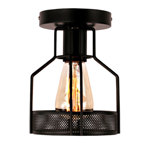 Unitary Brand Rustic Black Metal Cage Shade Single Semi Flush Mount Ceiling Light with 1 E26 Bulb Socket 40W Painted Finish