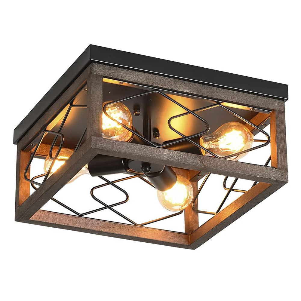 Farmhouse 4-Lights Flush Mount Ceiling Light Metal and Wood Hallway Flush Mount Light